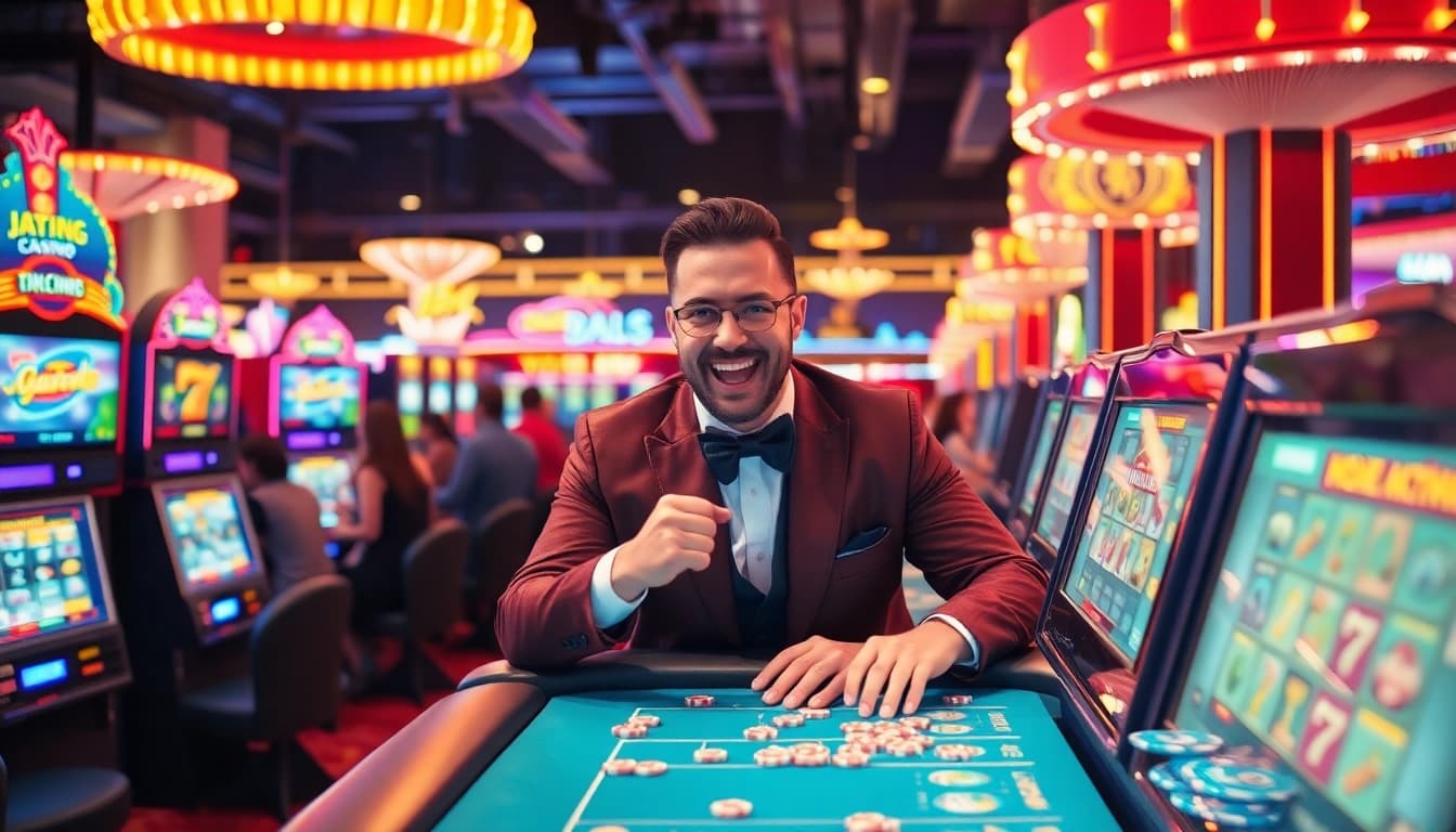 Vegas hero showcases unparalleled gaming skills in a vibrant casino atmosphere.