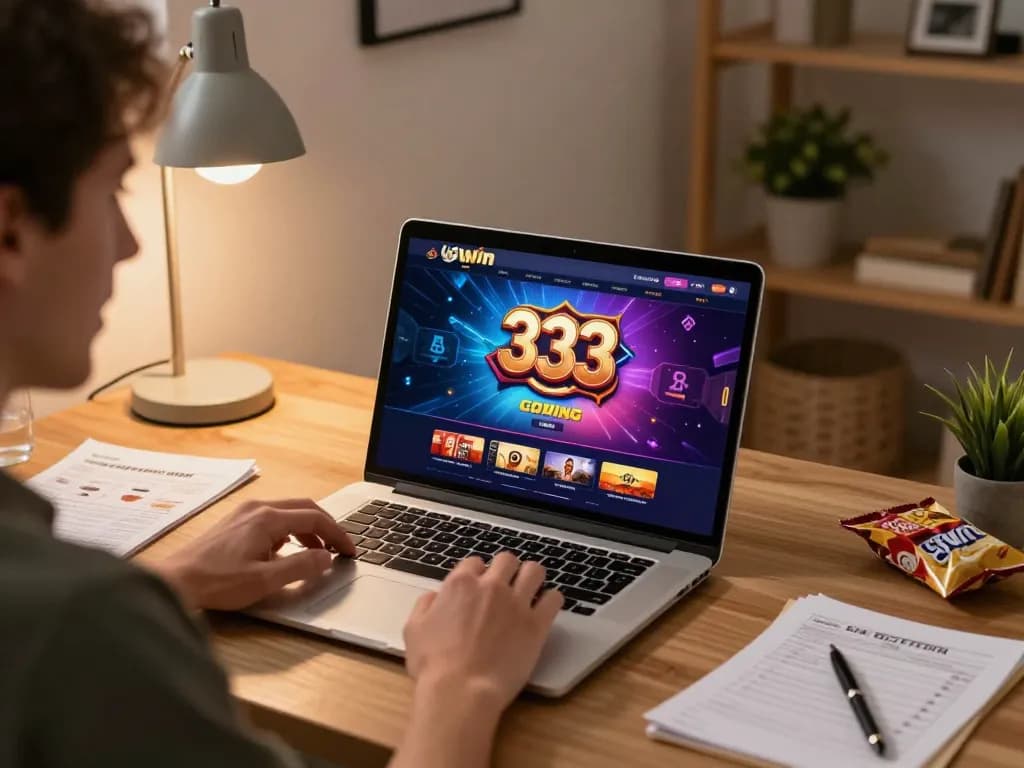 33win online gambling gameplay on a sleek laptop in a cozy home office environment