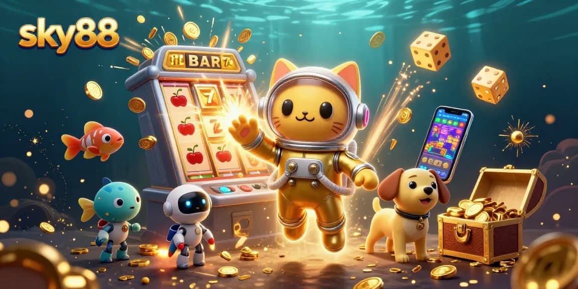 Experience the excitement of sky88 with vibrant games and jackpot thrills in this dynamic casino-themed illustration.