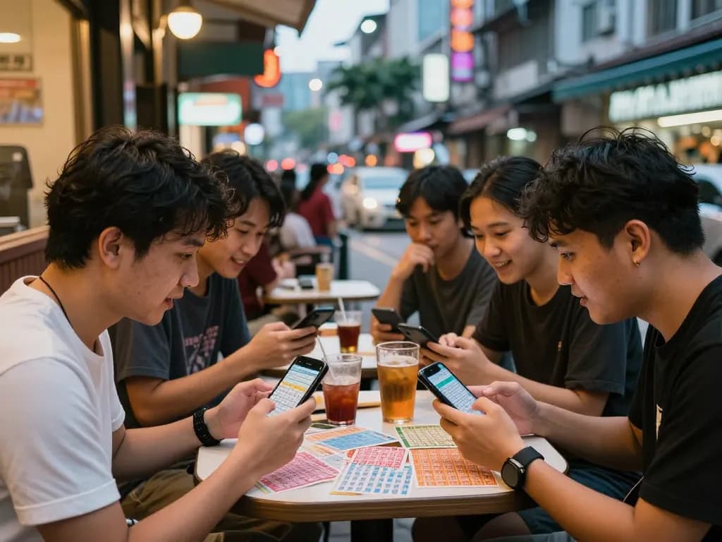 Group of friends excitedly discussing Data HK lottery results at a cafe table in a vibrant urban setting.