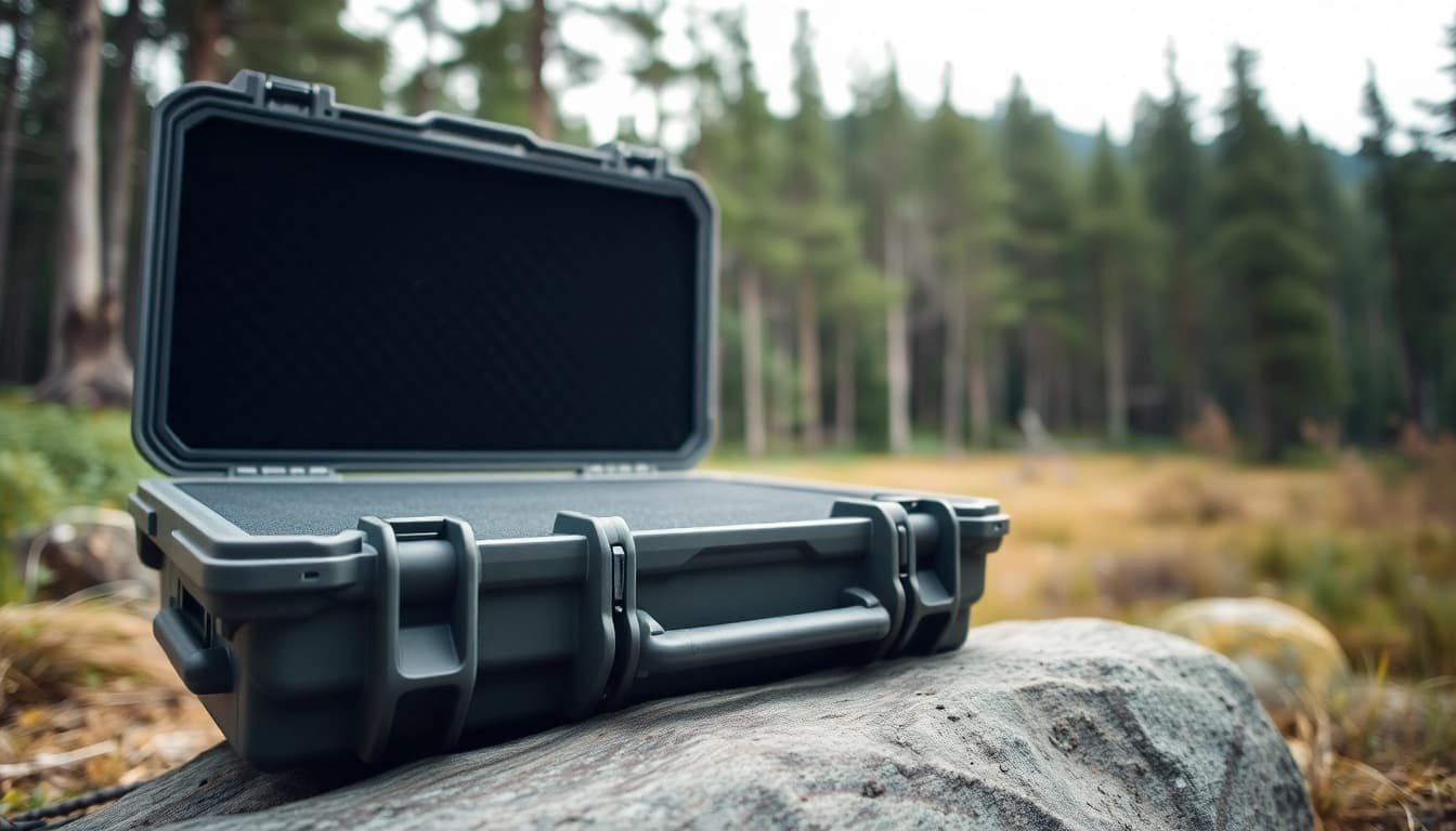 Showcase of pelican gun case for sale in an outdoor setting highlighting durability and design.