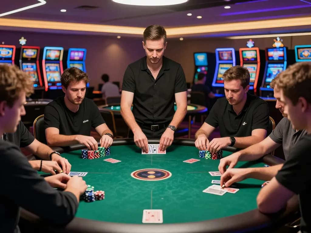 Players engage in a strategic poker game at a casino table, showcasing the excitement of ta88.
