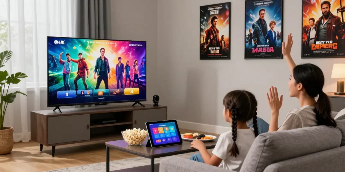 Family enjoying movie night with Iron tv pro on Smart TV in a cozy living room