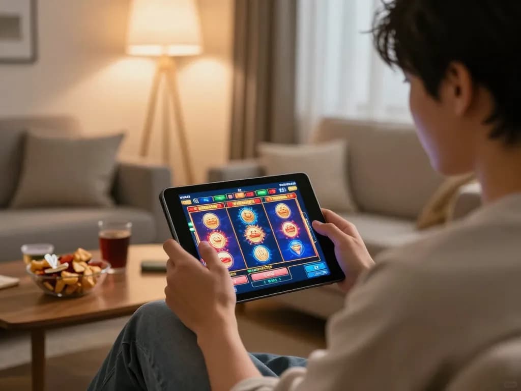 Engaging in online slot gameplay on a tablet in a cozy home environment, showcasing vibrant graphics and comfort.