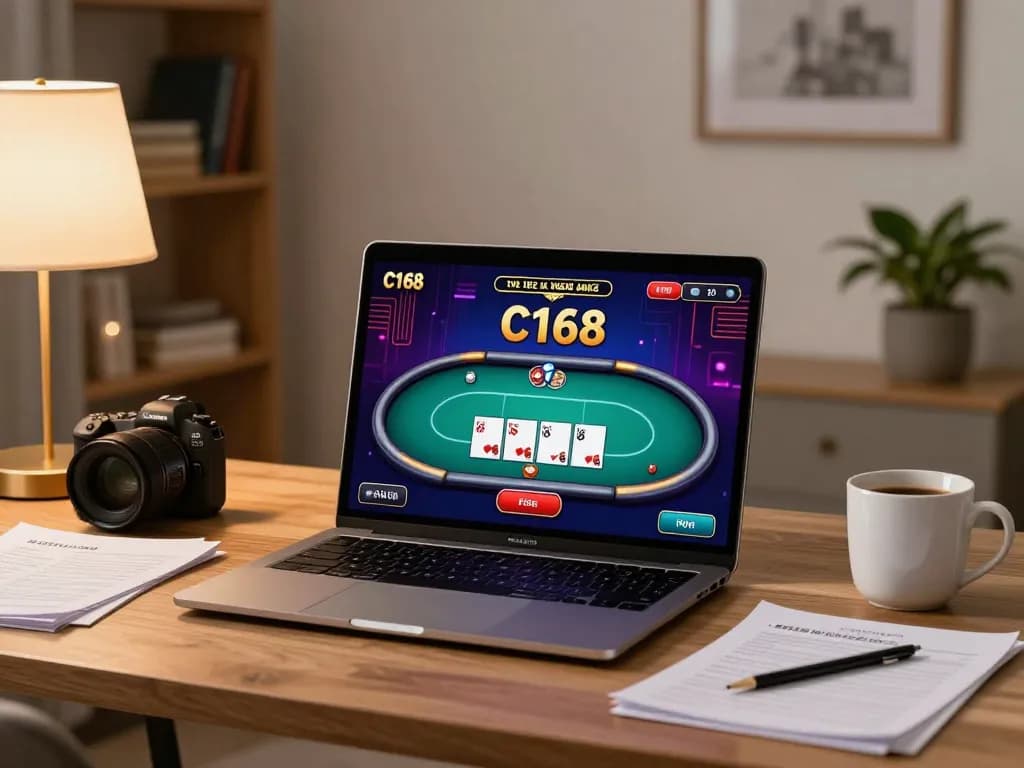 C168 poker game displayed on a laptop, illustrating an engaging online gambling experience.
