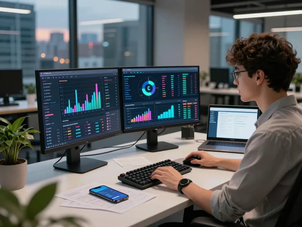 Diverse professional analyzing IODeFi cloud mining data in a modern tech workspace
