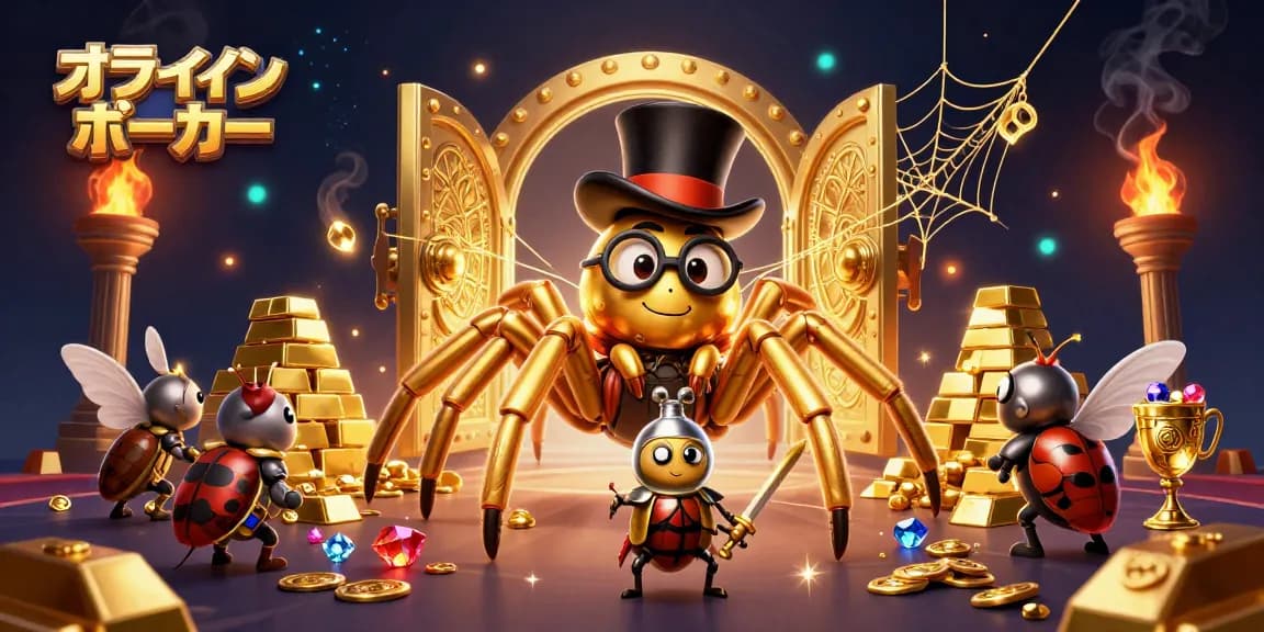 オンラインポーカーを楽しむキャラクターたちが集う、宝物が散りばめられた華やかなシーン。