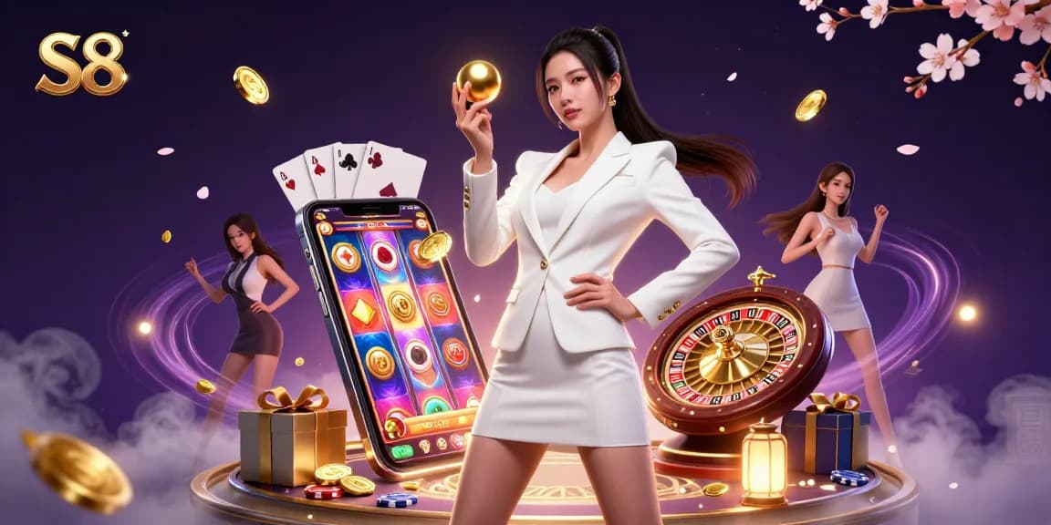 Experience the excitement of S8 casino with a stunning 3D illustration featuring a confident woman holding a roulette ball.