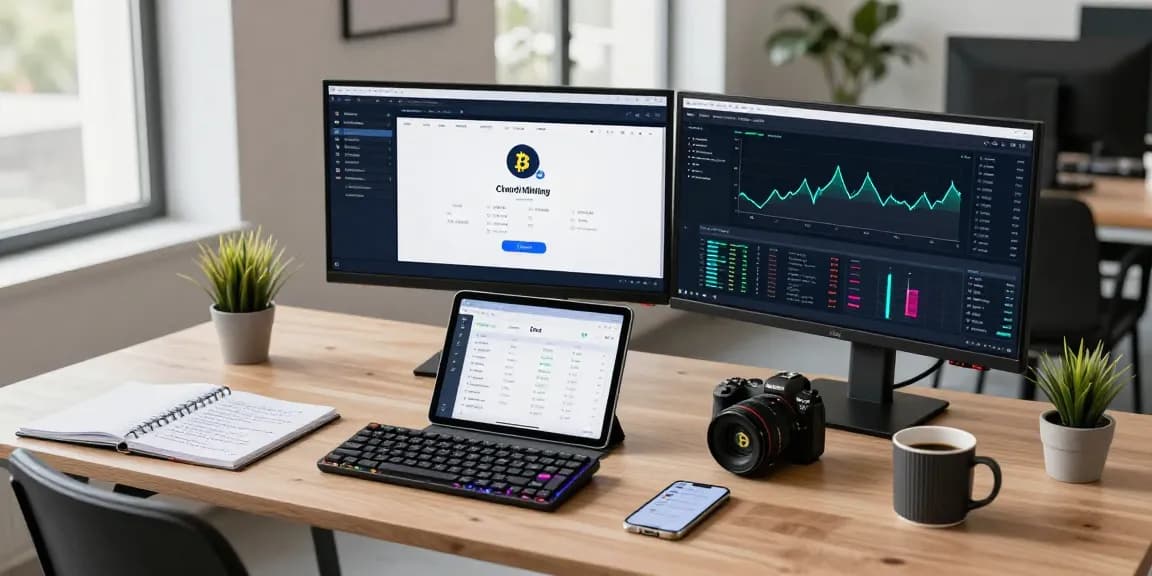 cloud mining without hardware in a modern crypto trading workspace with Bitcoin charts and DeFi platform dashboards