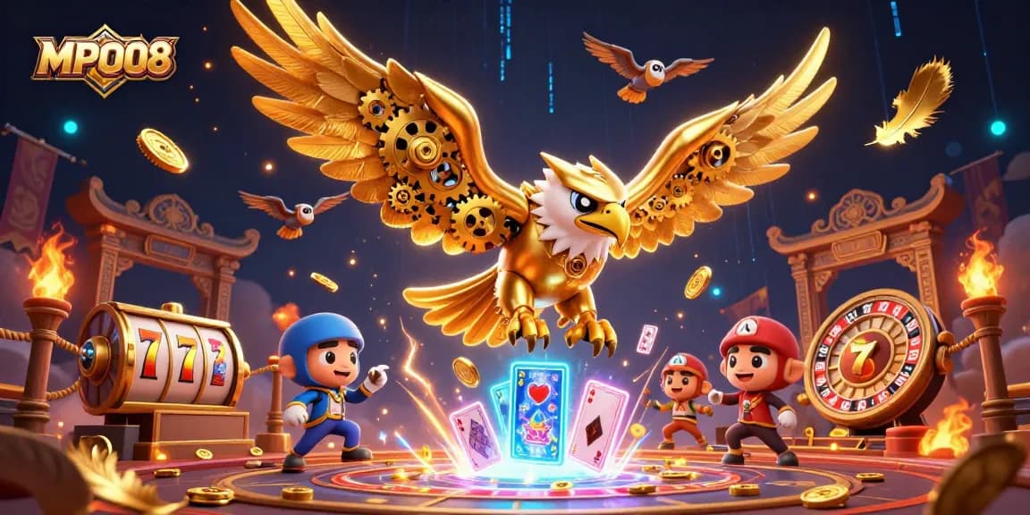 MPO08 engages players with a dynamic 3D scene of a golden eagle amidst playing cards, showcasing immersive gambling excitement.