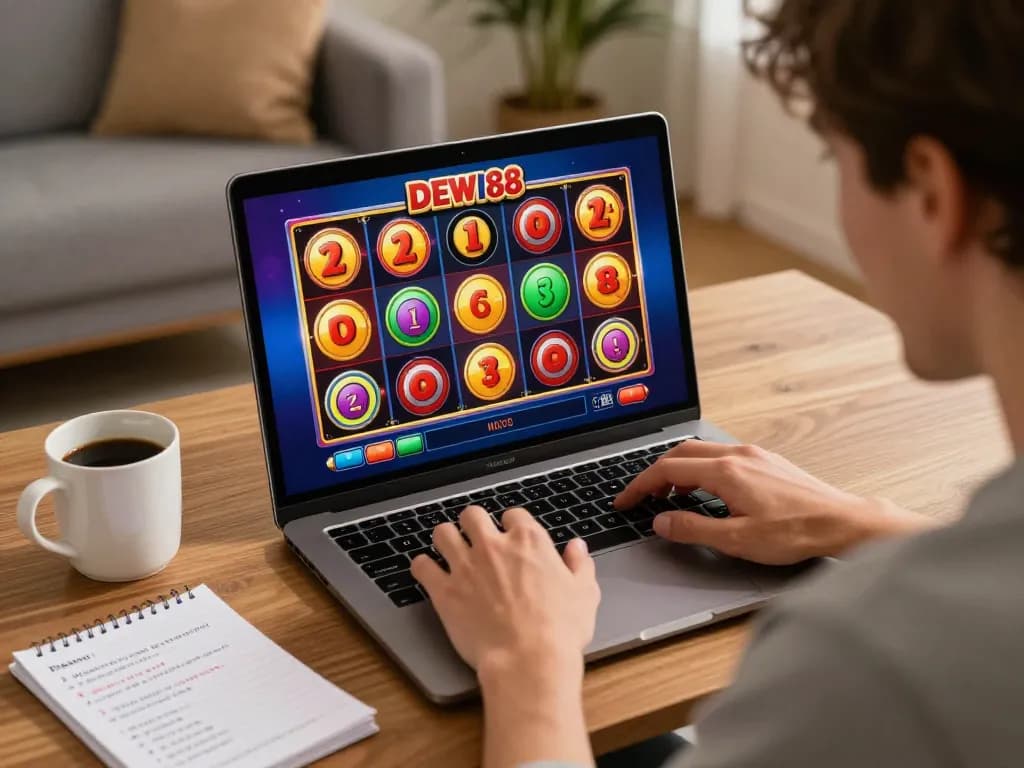 Seorang pemain menikmati slot online DEWI88 di laptop, terlibat dalam sesi permainan yang mendebarkan di rumah