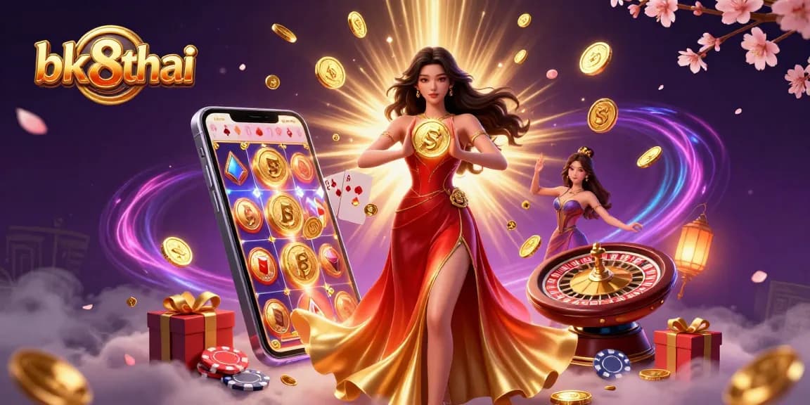 Engage with bk8thai's slots and games as golden coins rain in this electrifying casino scene.