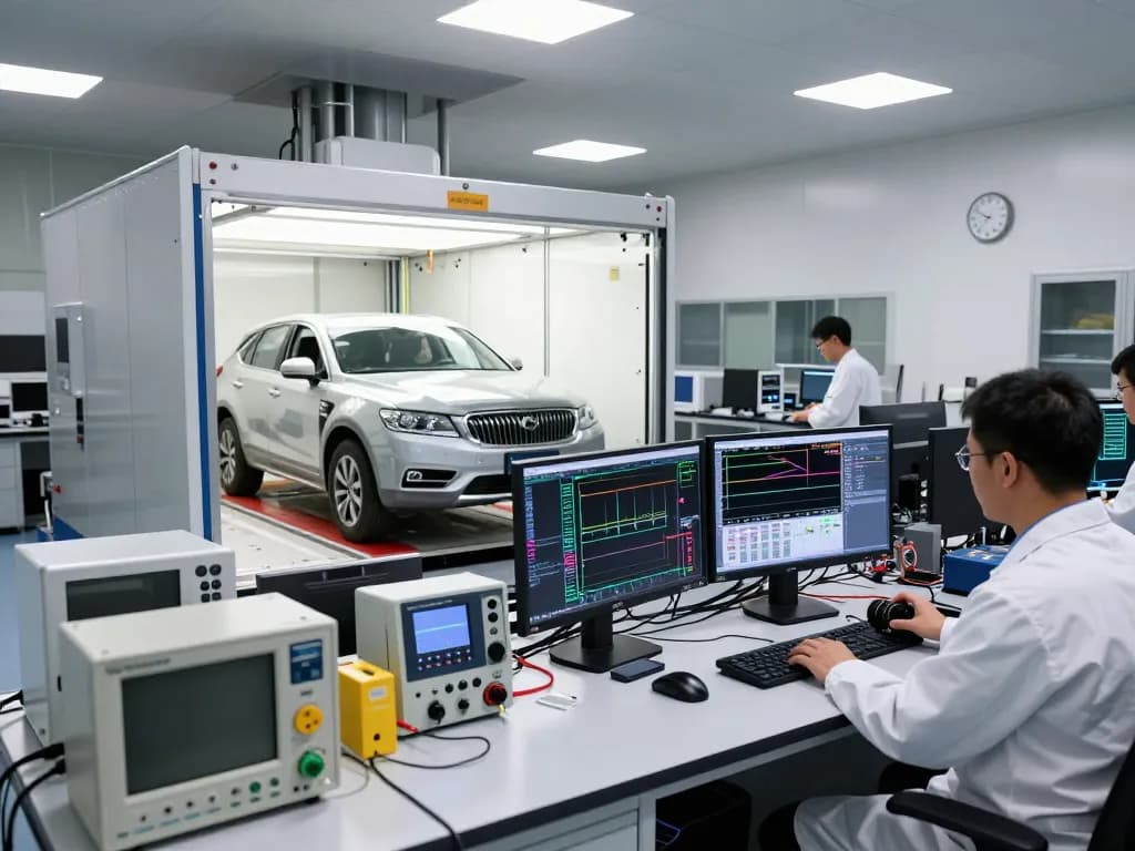 Vehicle EMC testing in a high-tech laboratory with technicians conducting tests.