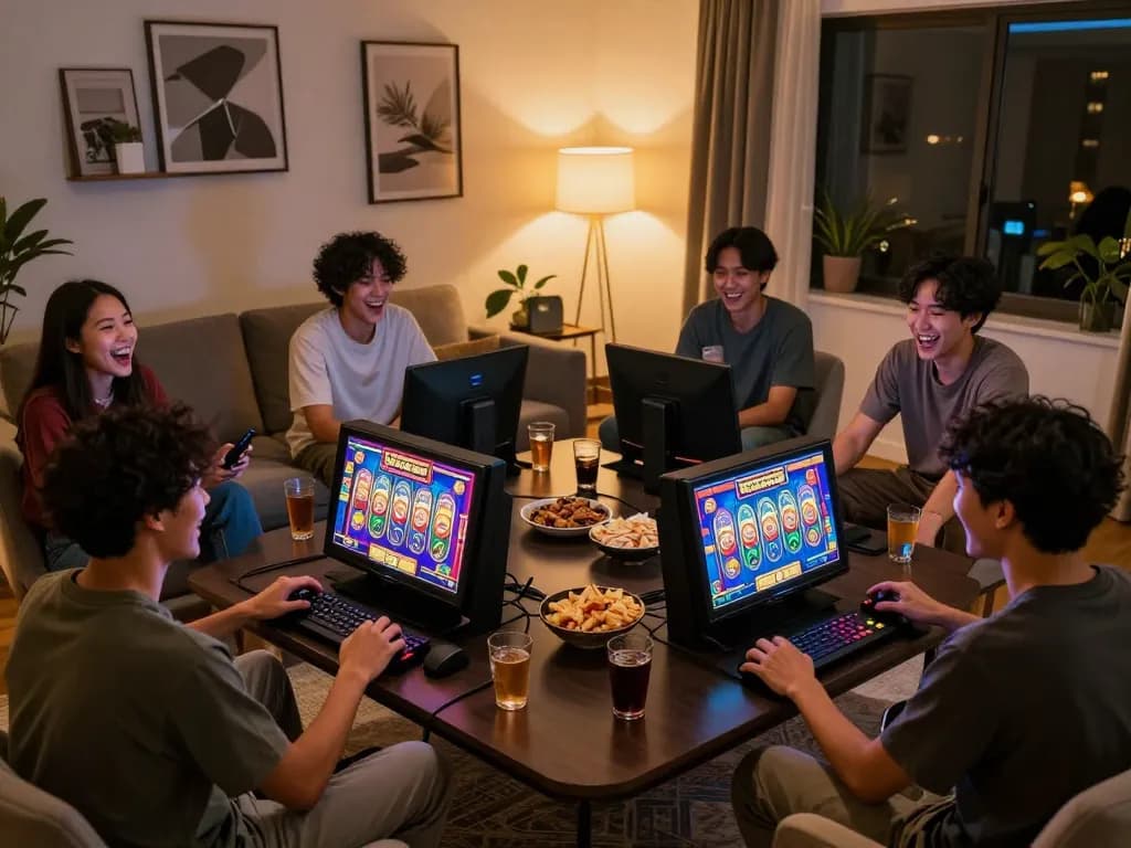 Engaging group of friends playing slot gacor on devices in cozy home gaming setup.