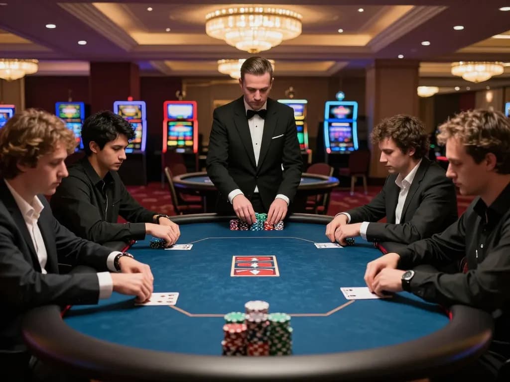 Players strategizing in an intense poker game at 58wiin casino, showcasing high-stakes atmosphere and luxury.