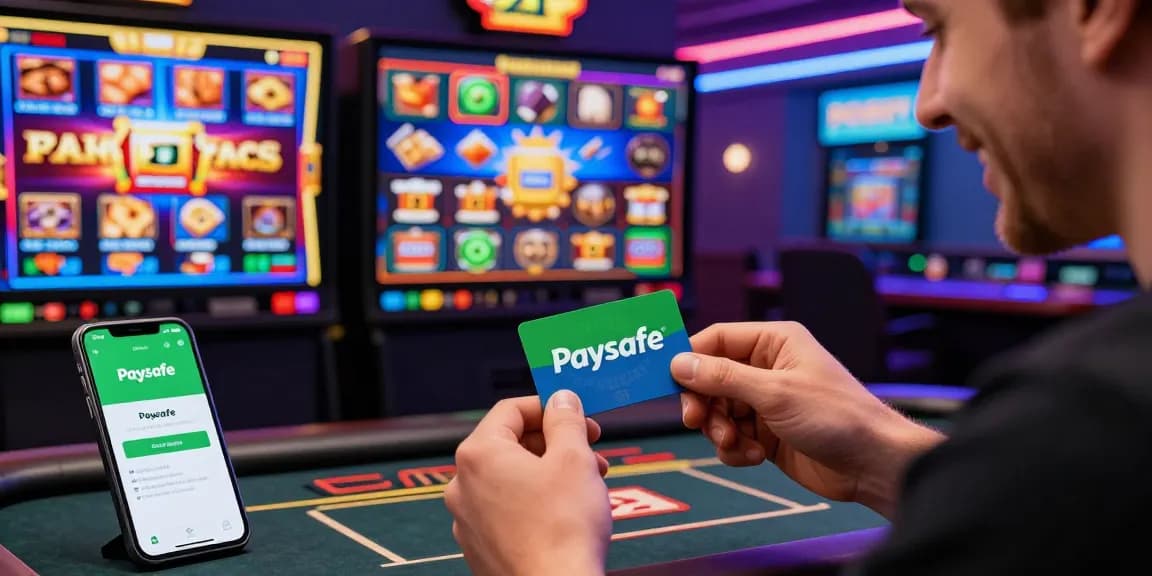 Spieler nutzt ein Paysafe Card Casino für sichere Einzahlungen inmitten lebendiger Spielgrafiken