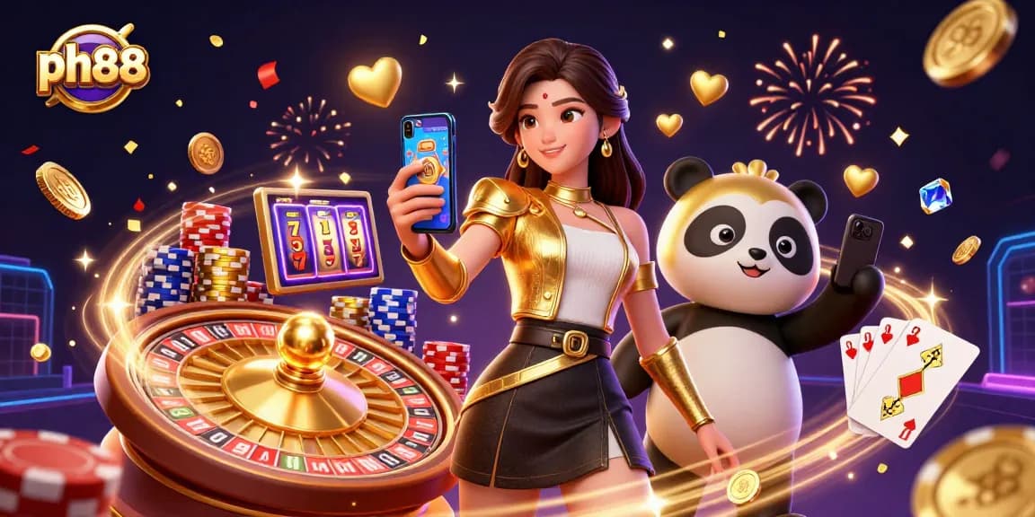 Experience excitement at ph88 with a stylish Asian woman and a golden panda amidst a casino celebration.