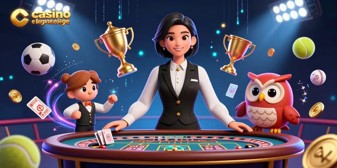 Découvrez le casino en ligne France légal avec notre scène de croupier en direct captivante mettant en avant une table de baccarat et des éléments sportifs dynamiques.