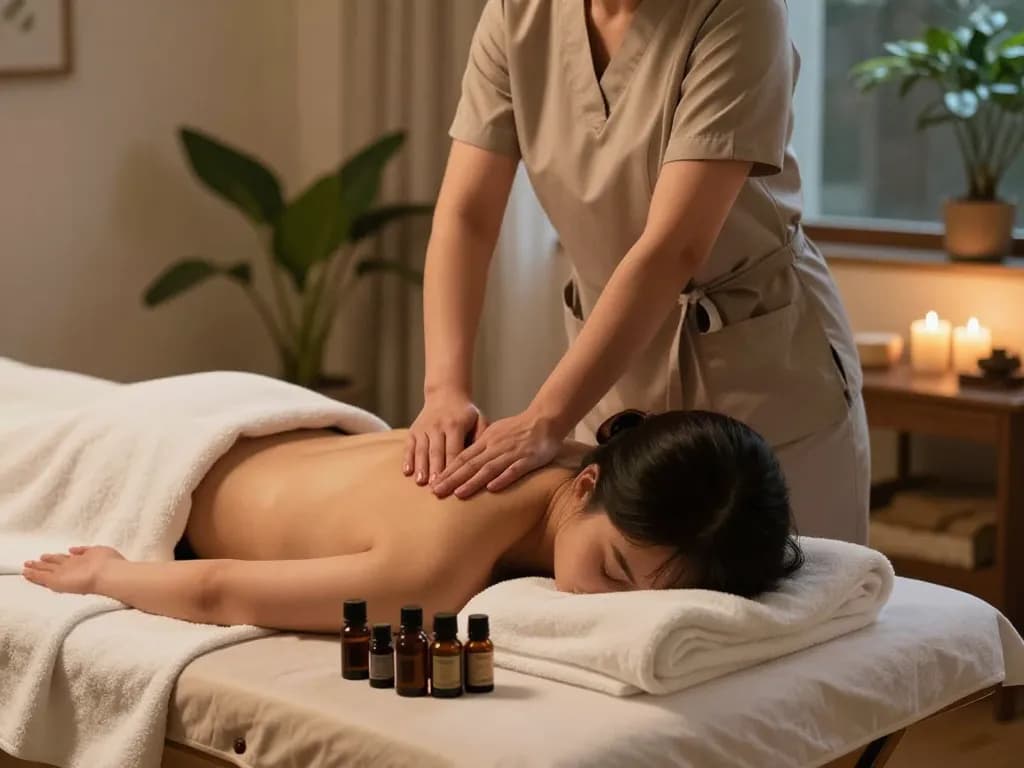 Experience a soothing 출장마사지 in a tranquil home setting with a professional therapist, essential oils, and a calming atmosphere.
