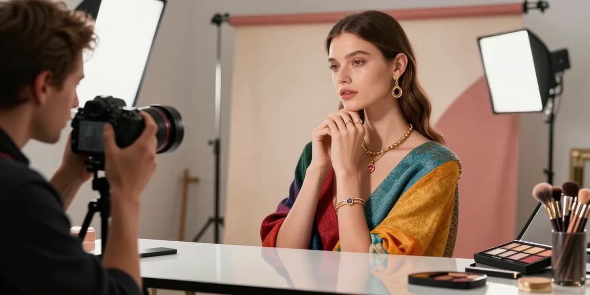 Servizio fotografico professionale in studio MaxArt per moda e gioielli a Milano con modello e attrezzatura fotografica.