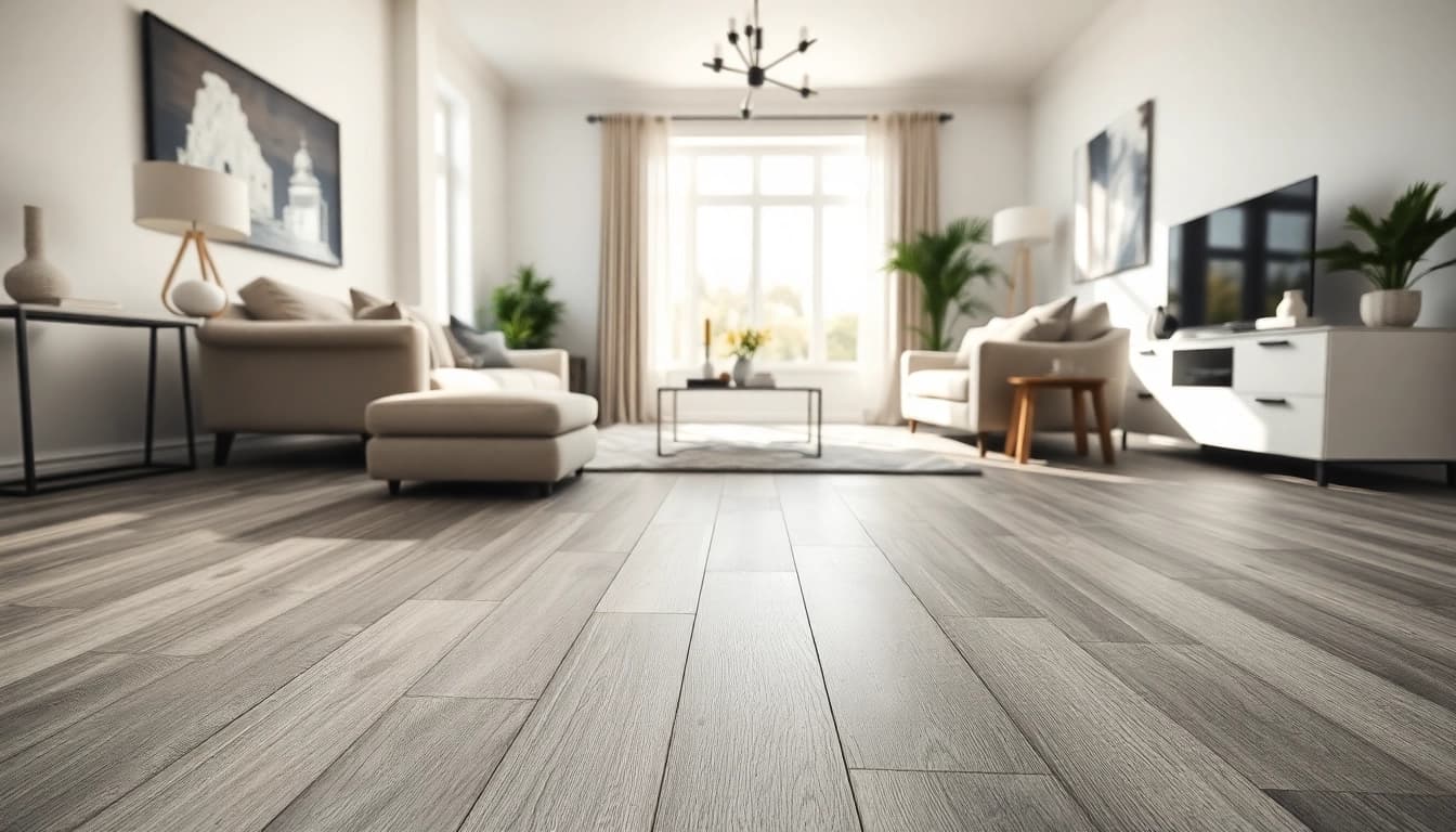 Showcasing the best lvp flooring in a chic living room featuring platinum grey vinyl.