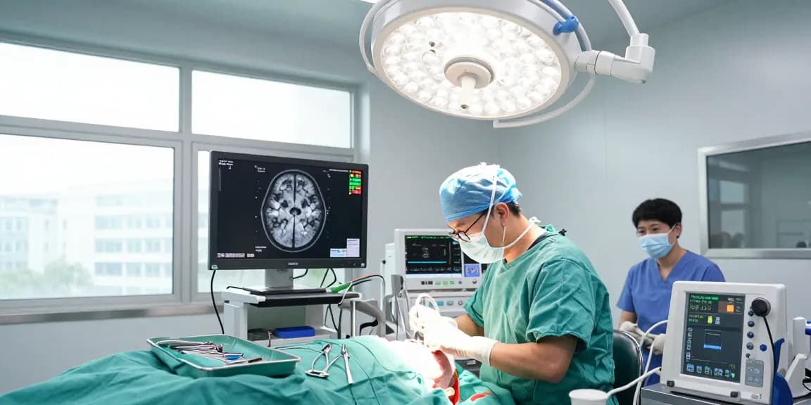 Beyin ameliyatı in a state-of-the-art surgical room with surgeon and advanced imaging technology.