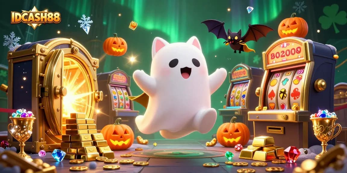 Play exciting slots at IDCASH88 with a friendly ghost cat, vampire bat, and glowing jack-o-lanterns.