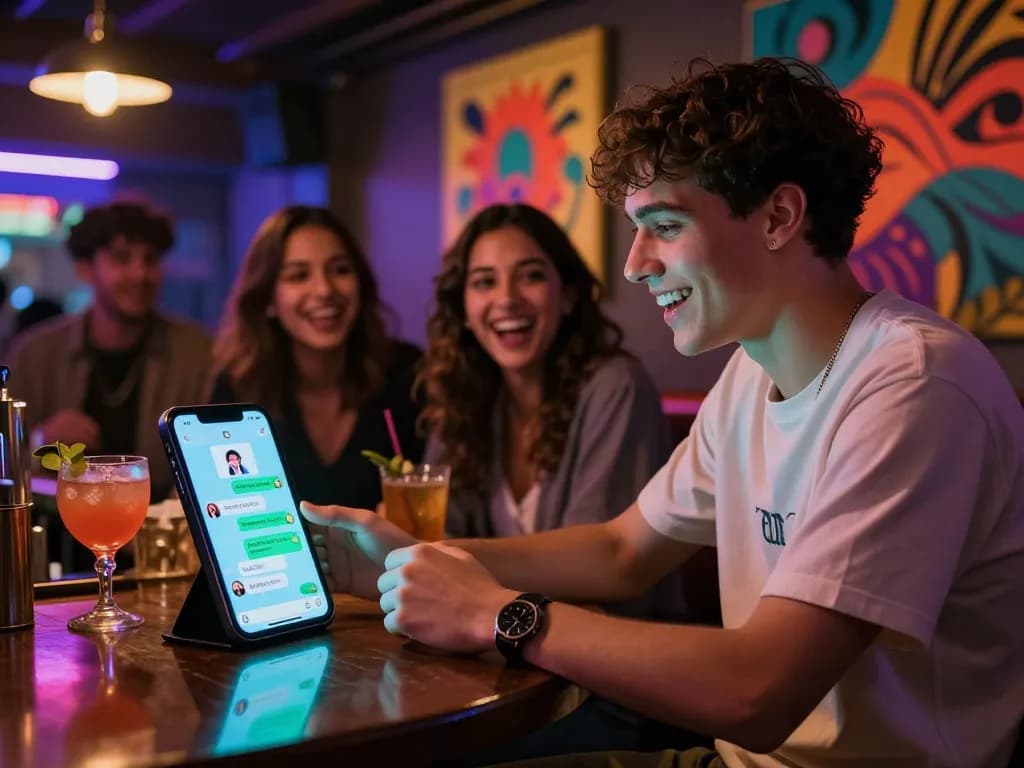 Dynamic urban nightlife showcasing young adults engaging with an NSFW AI chatbot on a smartphone in a vibrant bar setting.