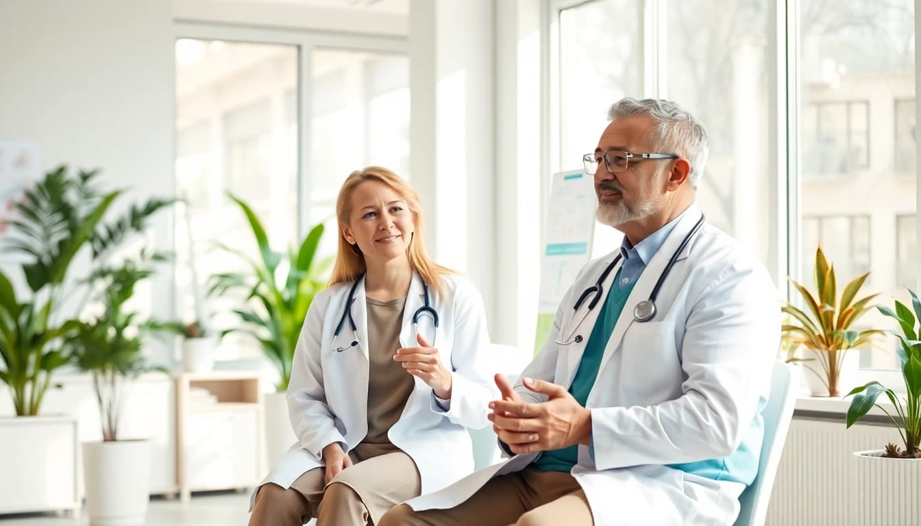 Health consultation scene with doctor and patient in a bright office, showcasing engagement.