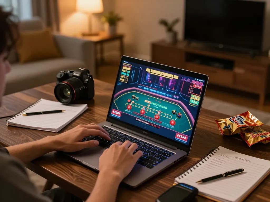 Engaged player using v9bet online casino app on laptop in cozy home setting