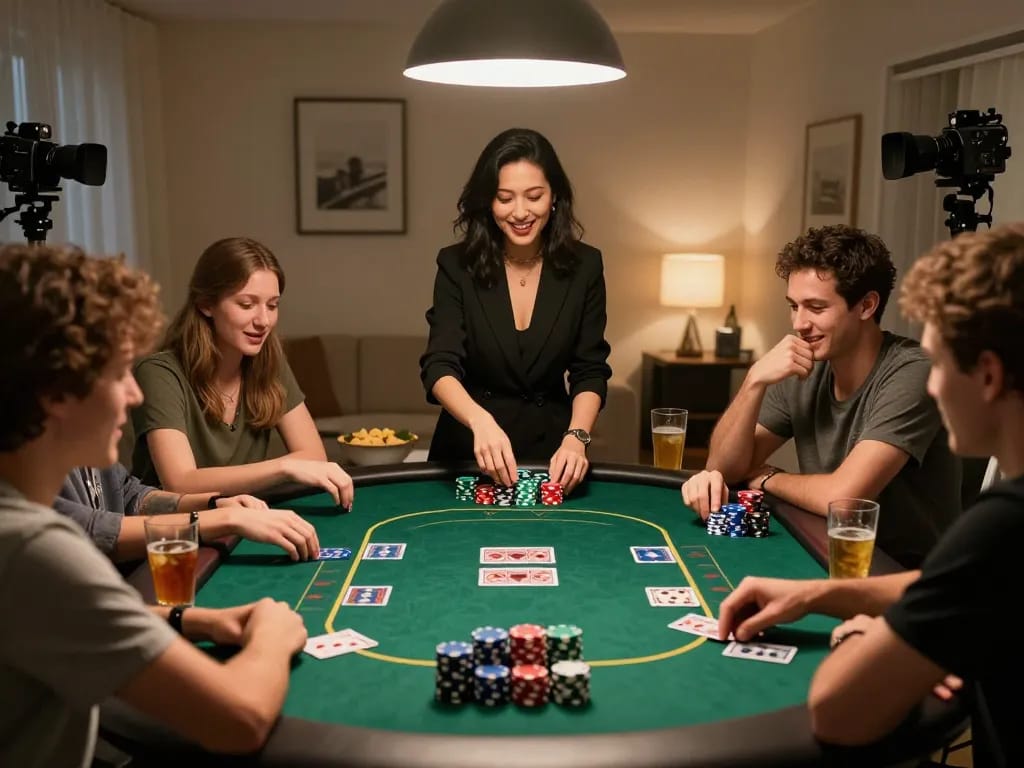 Friends enjoying a poker night at home with Amigo Grill and Co themed snacks.