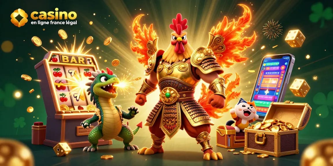 Visuel captivant de casino en ligne France légal avec des personnages et éléments de jeu dynamique.