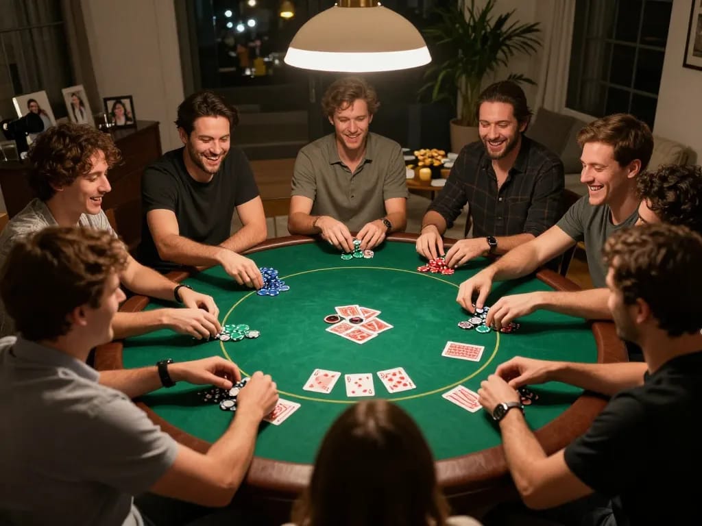 Players enjoying a lively poker night at home with friends, reflecting the community vibe of 68gamebaivn gaming