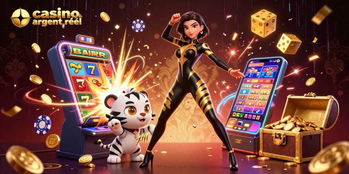 Experience thrills at casino en ligne argent réel with a dynamic illustration of gaming elements and characters.