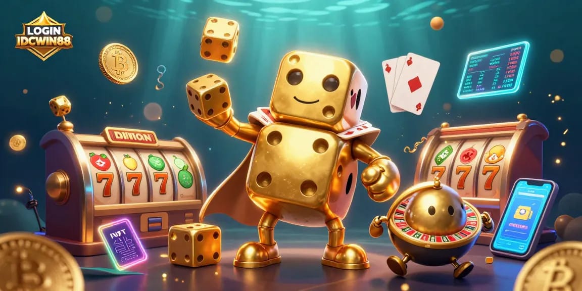 Engage with LOGIN IDCWIN88 through a vibrant casino scene featuring a golden dice golem and colorful slot reels.