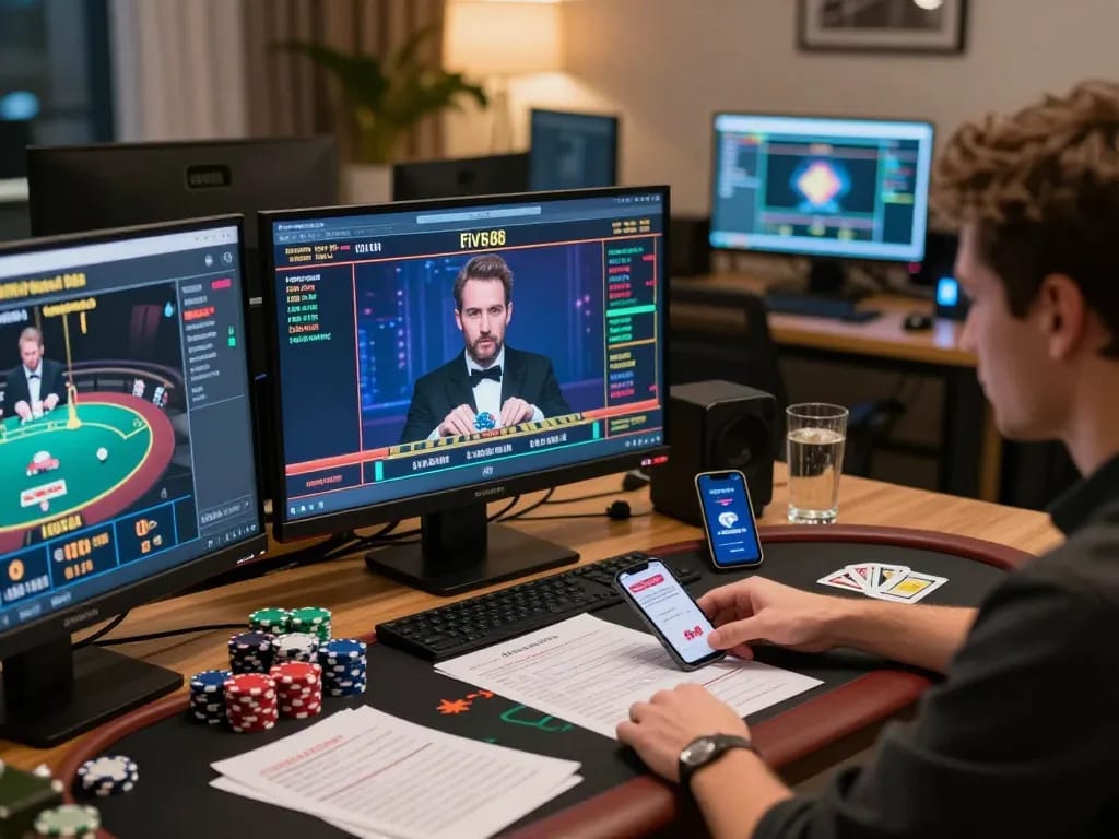 Player engaging with the five88 app during intense online gambling session