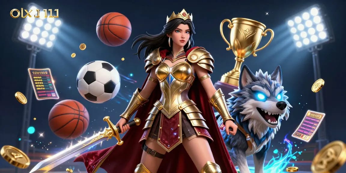 Engage with olx111 as a warrior queen oversees a sports betting spectacle with rich 3D elements.