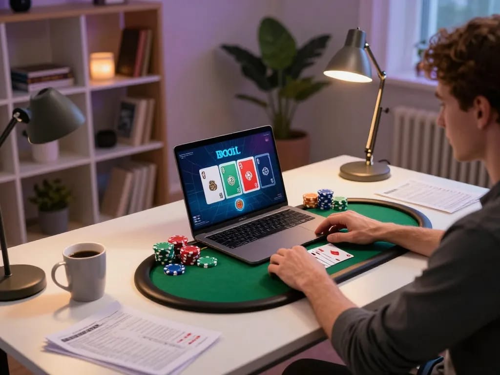 O8 player winning big at online poker with cards displayed on a laptop in cozy setting