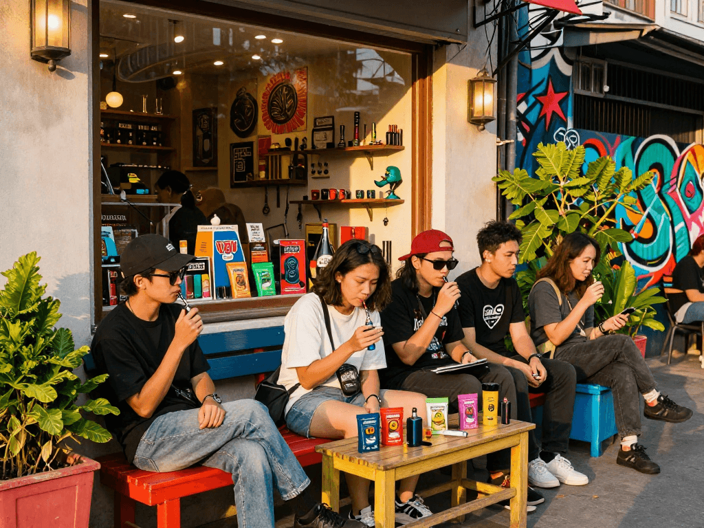 Group of friends enjoying rokok 88 products outside a trendy smoke shop.