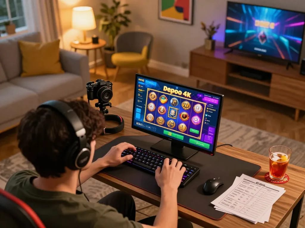 Engaging with slot depo 4k mobile gaming app in a stylish home setup, showcasing excitement and strategy.