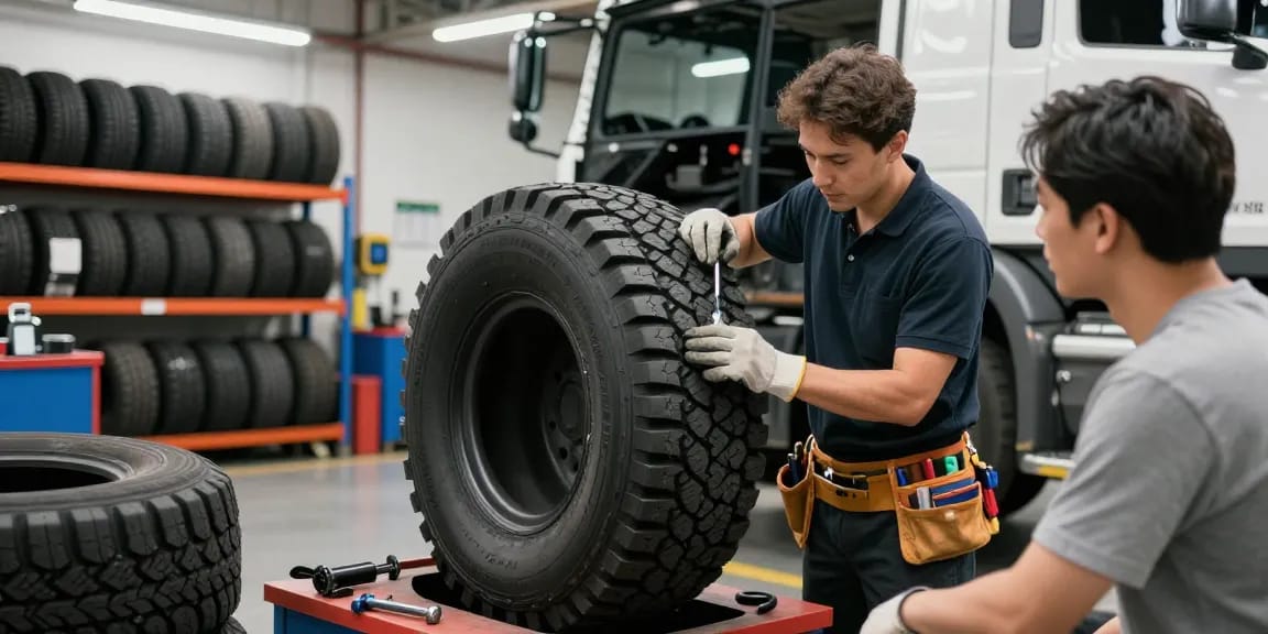 Mechanic inspecting Double Coin RR99 tire in workshop, highlighting tire features and maintenance.
