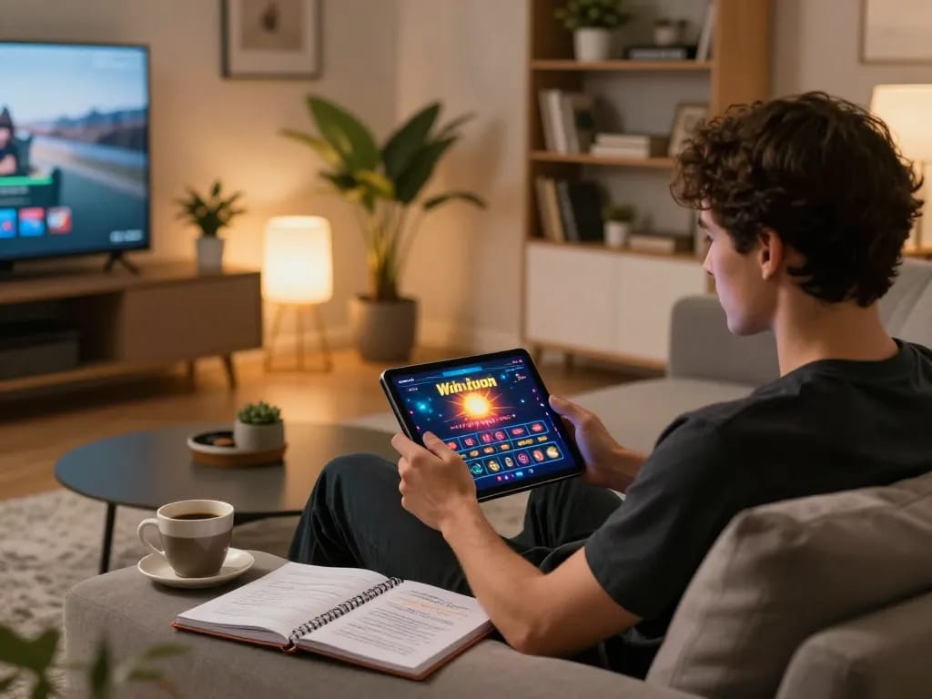Engaged user exploring sun win online casino on tablet in cozy living room setup