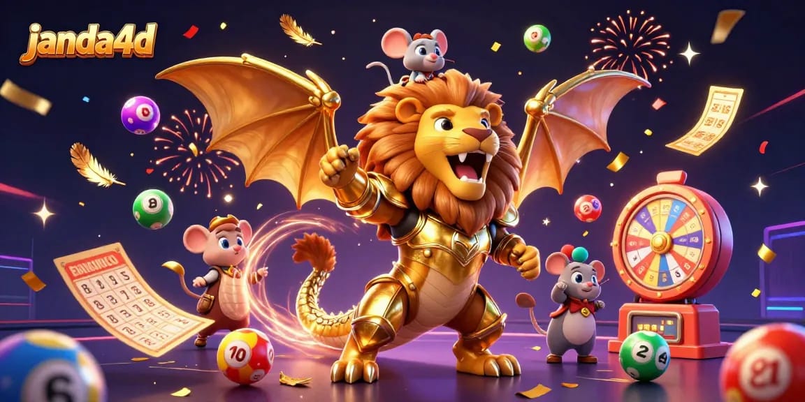 Janda4d menghadirkan keseruan permainan lotere dengan bola bernomor berwarna-warni dan karakter komik 3D.