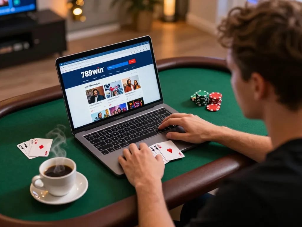 Enjoying online gaming at home with 789win link mới displayed on laptop, showcasing a cozy gambling atmosphere.
