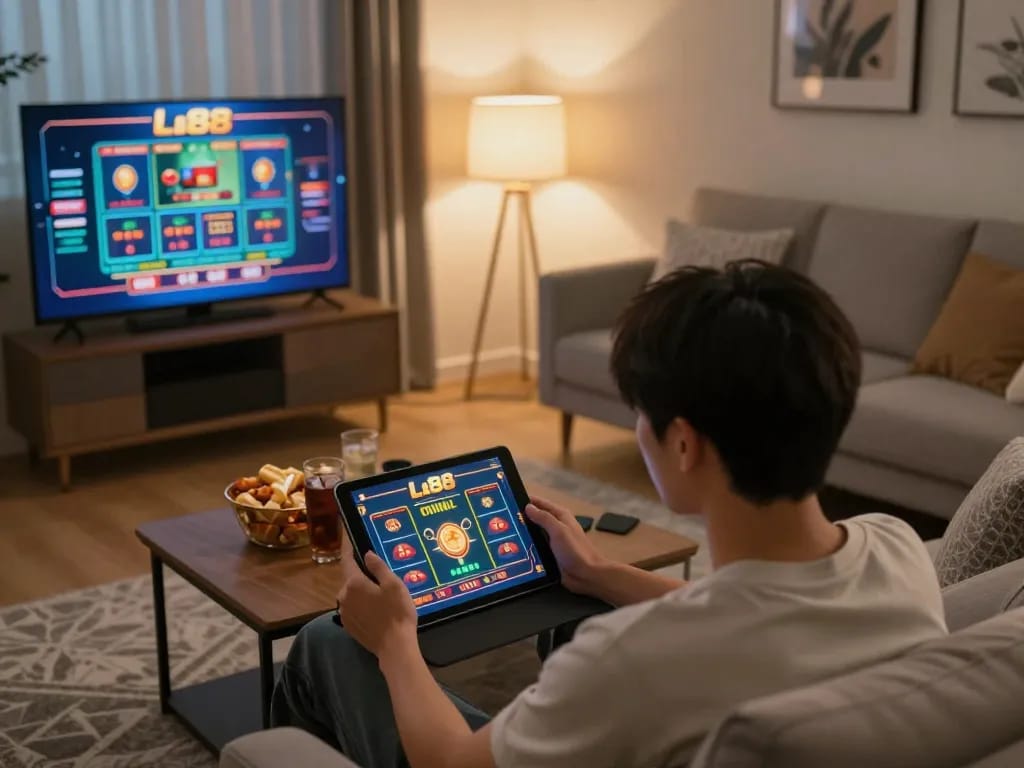 Person playing lu88 online casino game on a tablet in cozy home environment
