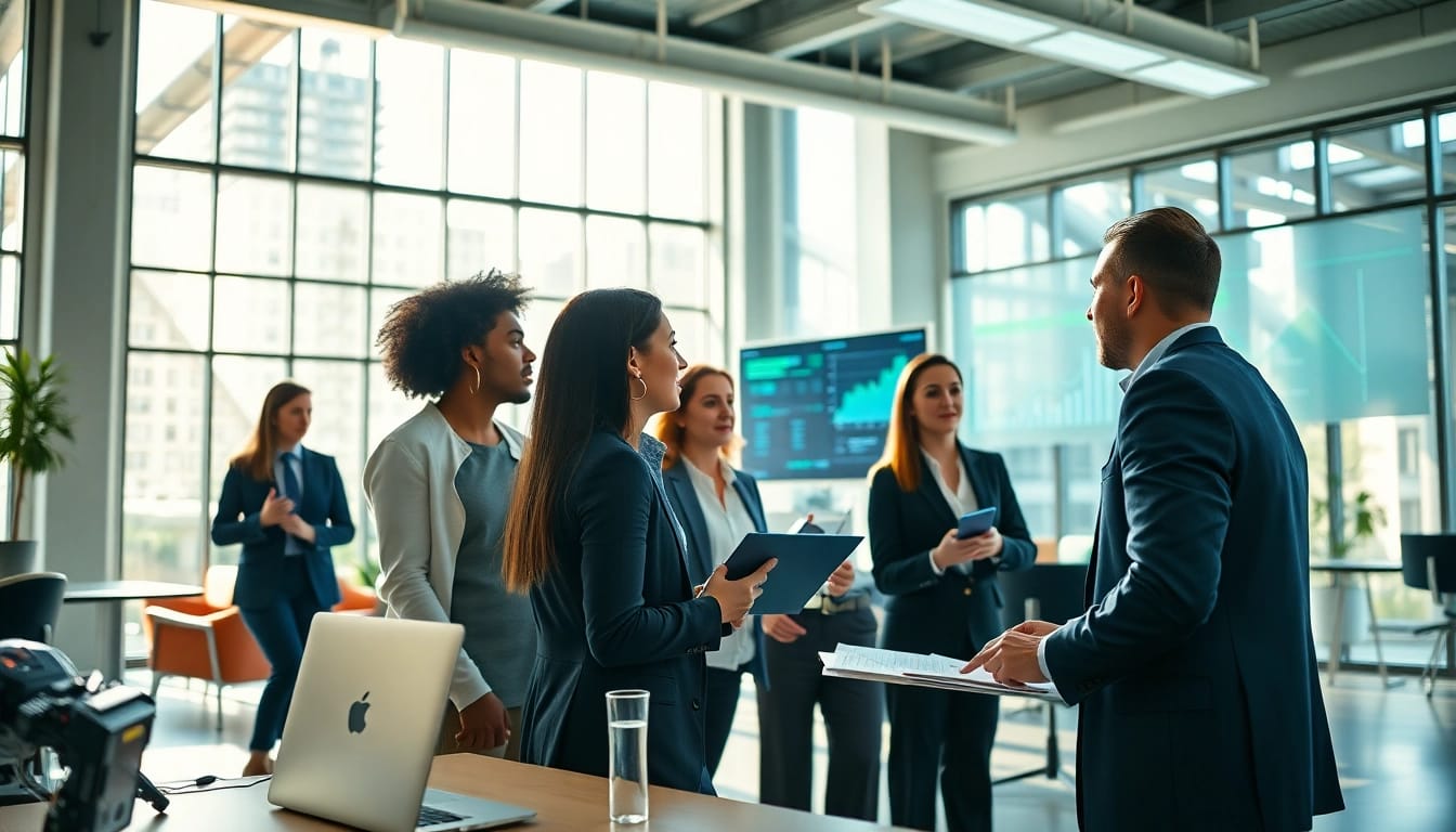 Besucher auf https://alvionz.de/ in einem modernen Büro, das Zusammenarbeit symbolisiert.