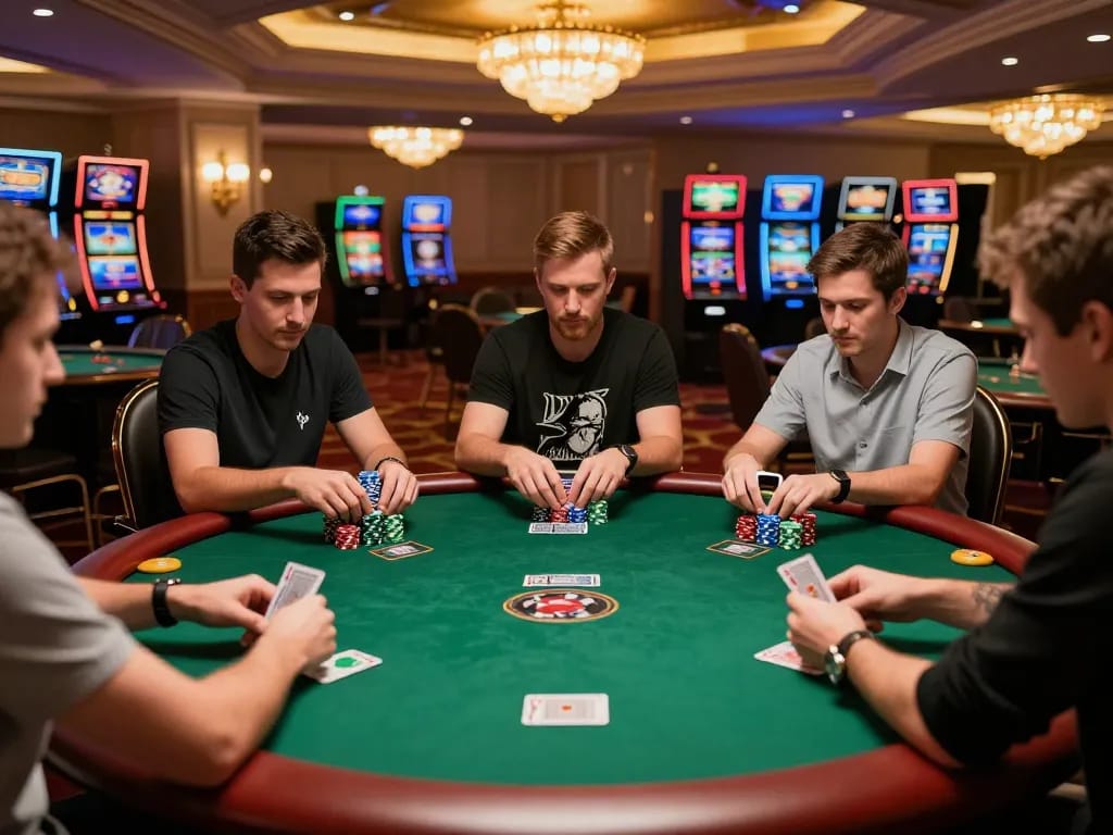 Players engage in a thrilling poker game at 78wingo, showcasing strategic gameplay and vibrant casino atmosphere.