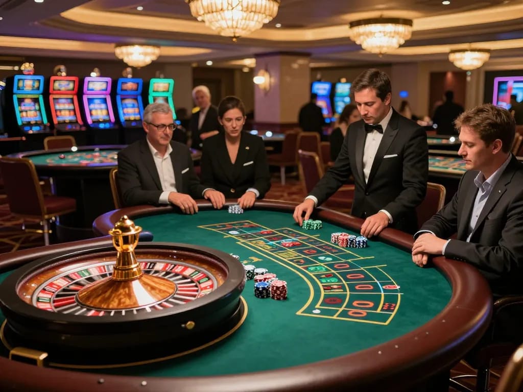 Players engaging at a roulette table at Sunwin casino, showcasing strategic betting and excitement in upscale atmosphere.