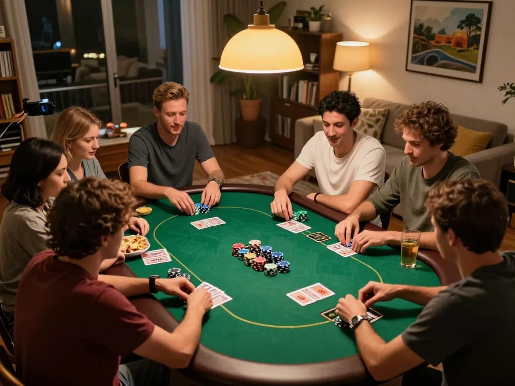 Players enjoying a situs gacor poker game at home, colorful chips and cards in play.