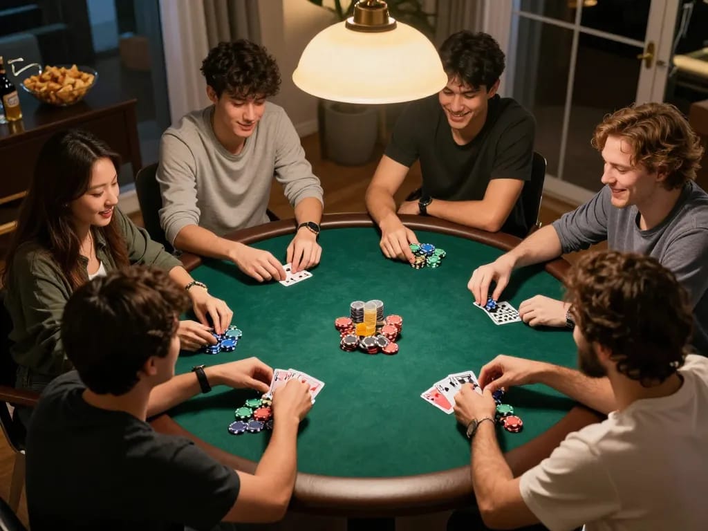 Friends enjoying a lively home poker night, showcasing strategic gameplay and camaraderie in nhandinhkeonhacai.